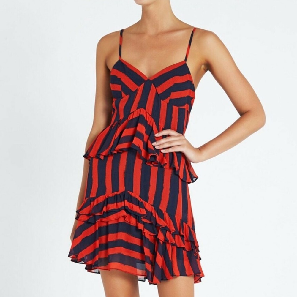 SASS & BIDE Palais Royale Red Navy Blue Stripe Ruffle Hem Cami Mini Dress - Picture 5 of 9
